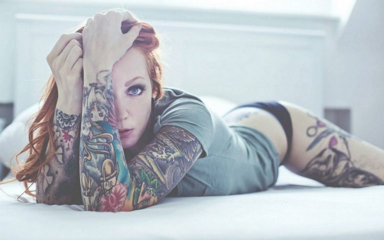 Girl Arms Tattoos Covered Red Hair Girl Blue Eyes Girl Arms Tattoos Covered Red Hair Girl Blue Eyes