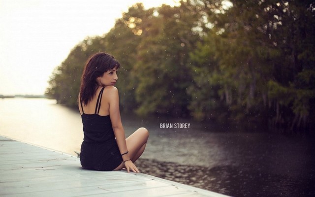 Water Lake Trees Dust Girl Sitting On Pier